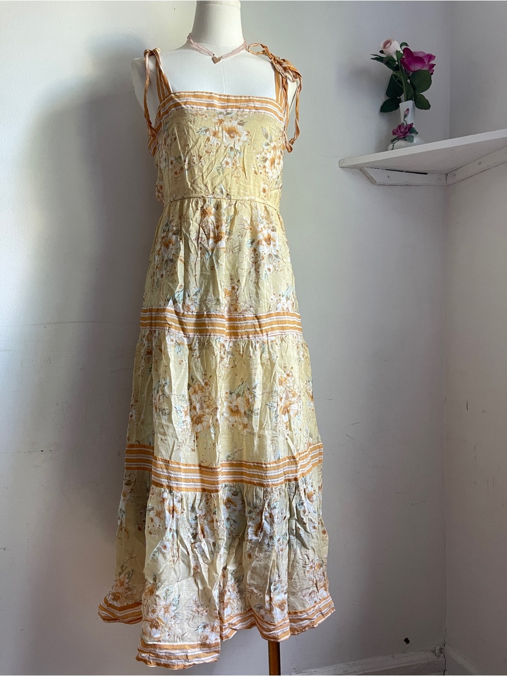 Floral Yellow Tie-Shoulder Tiered Maxi Dress
